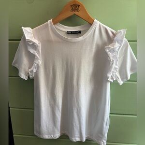 Zara White Ruffle Sleeve Top | Feminine Flutter Sleeve Tee | Women’s Small